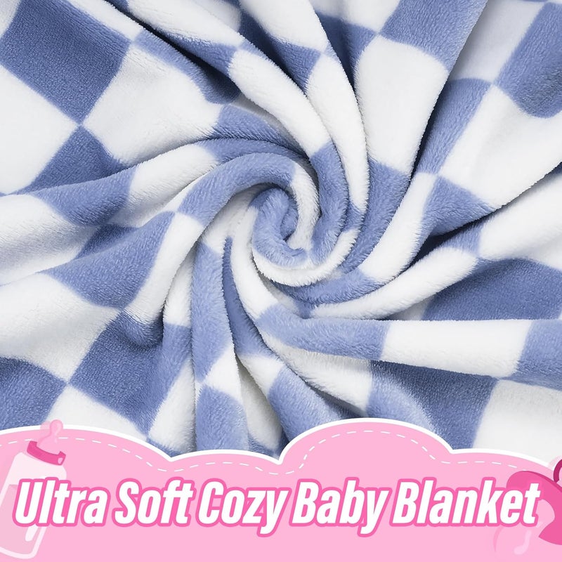 GreatBba Plush Checkered Baby Blanket for Boys Girls Nursery, 30"*40" Warm Short Fleece Blanket Neutral for Infant Newborn, Small Fuzzy for Sleeping, Chenille or Stroller (Dark Blue&White) - Image 2